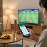 Person engaging with the keobongda app for live sports betting while watching a match at home.