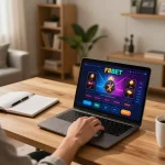 Person strategizing F8BET online gambling in a cozy home office with laptop and notes