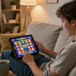 Engaging in nổ hũ gameplay on a tablet in a cozy home setting.