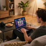 Engaging gamer using max88's platform on a laptop at home, showcasing a responsible gambling environment