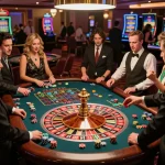 Players enthusiastically betting at a roulette table in a vibrant casino atmosphere with az888, celebrating the thrill of gaming.
