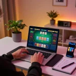 Engaging in alo8 live online casino gameplay with a laptop and strategic elements nearby.