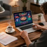 Player placing bets on rik88 online roulette, showcasing a lively home office setup with strategy notes and warm lighting