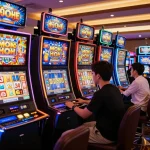 Nổ hũ players enjoying dynamic slot machines in a vibrant casino atmosphere with engaging gameplay
