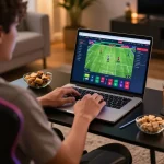Engaging in sports betting at DAGA using a laptop in a cozy home setting
