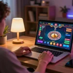 Engaging in an online RR99 casino game on a laptop, strategic focus on roulette gameplay.