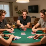 Bong88 players enjoy a friendly home poker game with colorful chips and exciting moments.