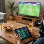 Engaging sports betting scene showcasing soi kèo nhà cái activity on tablet amid snacks, creating a dynamic home atmosphere