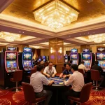 Experience winning moments at vin88 with engaged players at a luxurious casino lobby, showcasing vibrant slot machines.