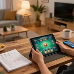 Engaging in tài xỉu online with strategic notes and gaming setup in cozy home.