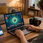 Person immersed in LV88 online casino gameplay strategizing on laptop at home.