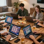 Players engaged in responsible gaming at hit club, enjoying online casino activities through modern devices
