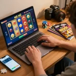 Nổ Hũ gameplay on a laptop, showing colorful reels, with snacks and betting apps around.