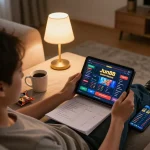 Person enjoying online gaming at Jun88 on a tablet at home, showcasing strategic betting notes.