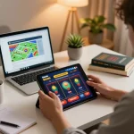Player enjoying kkwin casino games on a tablet at home, surrounded by strategy notes and a cozy ambiance.