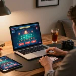 Player enjoying LV88 live dealer blackjack game on laptop in cozy home environment