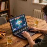 Player enjoying online slots at home with the ai88bet app, snacks, and cozy lighting.