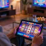 Engaging with Slot Malaysia online slot game on tablet in cozy living room atmosphere