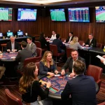 Engaging patrons placing bets at a sportsbook, showcasing the excitement of gambling with 122 live sports events displayed.