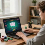 Player engaged in live casino gaming on laptop, showcasing bayvip's exciting online gambling experience.