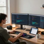 Developer using molt bot in a modern office with dual monitors and tech gadgets.