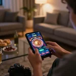 Player enjoying online gambling via the xin88 app in a cozy home setting.