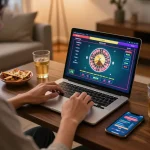 Engaging in online gaming with vb88 link vào visible on screen, showcasing an inviting home setup