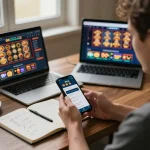 Person engaging with the 8live casino app on smartphone, showcasing online betting strategy.