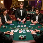 Players engaging in a strategic blackjack game at 11bet casino, highlighting tension and excitement.