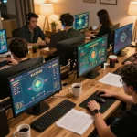 Tai Xiu Online players strategizing their bets on taixiuonline8 platform in a home office setting.