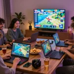 Friends enjoying fun79 gaming night with colorful graphics and snacks.