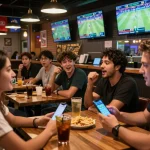 Kèo nhà cái displayed on smartphone during live sports betting event in a lively bar setting.
