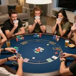Poker players engaging in a friendly game night while enjoying snacks and drinks, featuring new pk luck in their strategies.