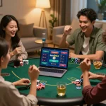 Engaged friends analyzing keo nha cai strategies while playing poker online together.
