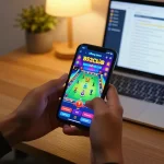 Cổng game B52Club shown on mobile phone highlighting vibrant graphics and user engagement in a cozy setting.