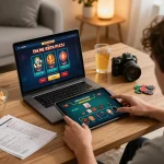 Engaging in strategic online gaming at home using abc8go tablet with poker interface, cozy atmosphere.