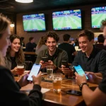 Watch kubet77 players engaging with sports betting apps in a lively bar setting
