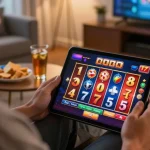 Engaging with gem88 slot games on a tablet in a cozy home setting