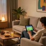 Cakhiatv app displayed on a tablet while enjoying live football in a cozy home environment