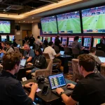 Persons engaging with tỷ lệ nhà cái at a modern sports betting lounge, analyzing live sports events on screens.
