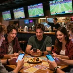 Kong88 patrons place bets and strategize in a lively sports bar atmosphere, capturing the excitement of sports betting.
