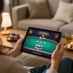 Engaging in lu88 online poker gaming from home, showcasing strategy and comfort.