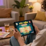 xóc đĩa game displayed on a tablet in a cozy home gaming setup, emphasizing online gambling