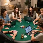 Friends enjoying an exciting home poker night while playing 88aa, analyzing cards and chips.