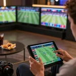 Engaging sports betting action at Nhà cái DU88 with modern screens and a tablet in use.