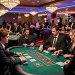 Engaged gamblers track scores on Nowgoal while placing bets at vibrant casino tables with action-packed moments.