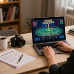 Player engaging in live casino gaming on hz88 platform with modern desk setup.