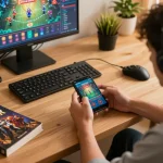 Engaged user using smartphone to play tr88 casino games in a cozy home setup