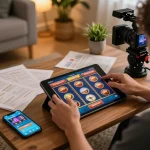 Player enjoying online slots on Luck8 com tablet in a cozy living room setting