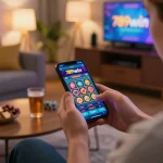Engaging scene of a player using 789win mobile app for online betting in a cozy home environment.